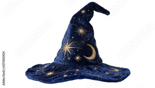 Canvastavla Deep blue velvet wizard hat with golden celestial embroidery, isolated on transp