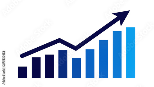 Quadro su tela Blue bar chart with upward trending dark blue arrow, isolated on transparent bac