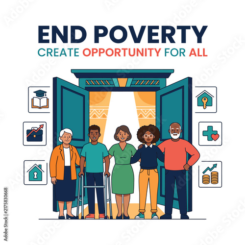End Poverty Concept with Diverse People standing by Open Doors