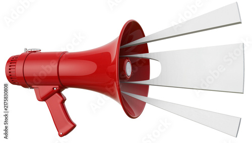 Canvastavla Shiny red megaphone emitting white abstract sound waves, isolated on transparent