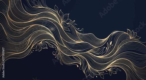 Abstract golden flowing lines with floral elements on a dark blue background, elegant luxury wave pattern for wallpaper and decorative design