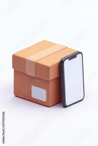 Orange gift box with a beige ribbon placed next to a smartphone with a blank screen, isolated on a white background for mockup purposes