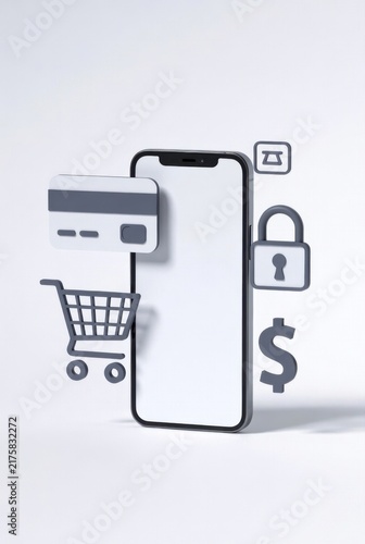 Smartphone mock up with blank screen surrounded by shopping cart, credit card, padlock, and dollar sign icons representing online payment and e-commerce security