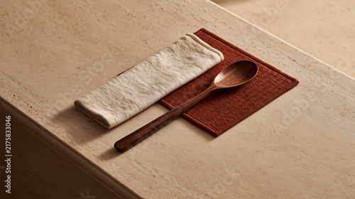 A wooden spoon resting on a brown cloth napkin next to a folded beige fabric on a light stone surface in a minimalist kitchen setting