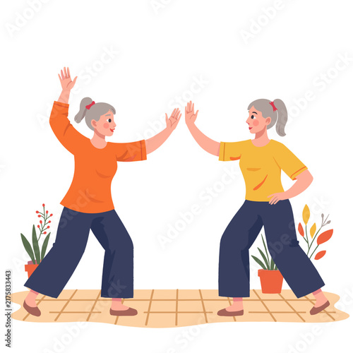 Two older women practicing Tai Chi together in a serene indoor space. Elderly set  