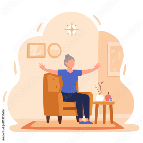 Older woman sitting comfortably in a chair with arms outstretched. Elderly set  