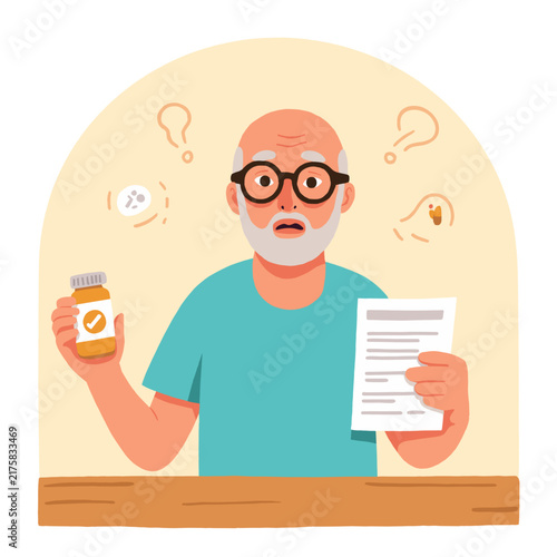 Elderly man confused with medication and prescription at a table. Elderly set  