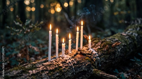 Magic burning candles on glowing dark natural background. mysterious fairy scene. witchcraft ritual. dark natural Background. Samhain, Halloween holiday concept