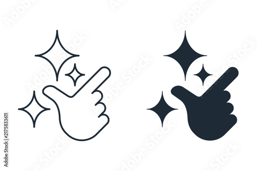Vector icons set clicking or snapping fingers surrounded by magic sparkles. Instant results, magic touch, quick solution, AI  automated process, ease of use, perfection, clean effect.Productivity apps