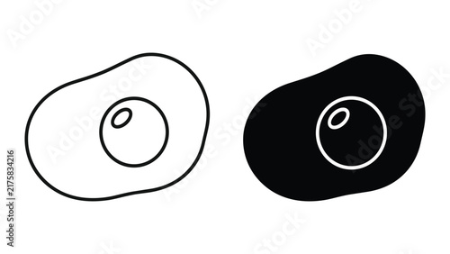 Set of fried egg icons, simple line art and solid black silhouette, vector illustration of sunny side up egg for breakfast menu design