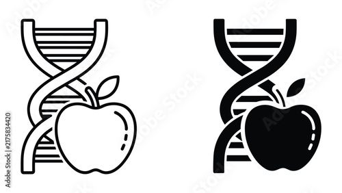 Genetically modified food icon set featuring dna helix and apple in outline and solid glyph styles, vector illustration isolated on white background