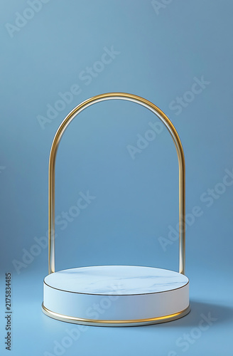 Minimal white podium with gold arch on blue background