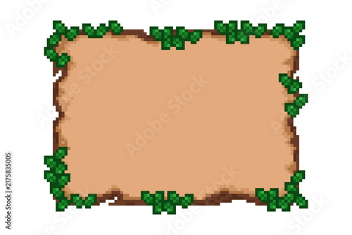 Fotografie Retro pixel art wooden board frame decorated with green ivy leaves on a white background, ideal for fantasy game UI, message boxes, and adventure inventory items