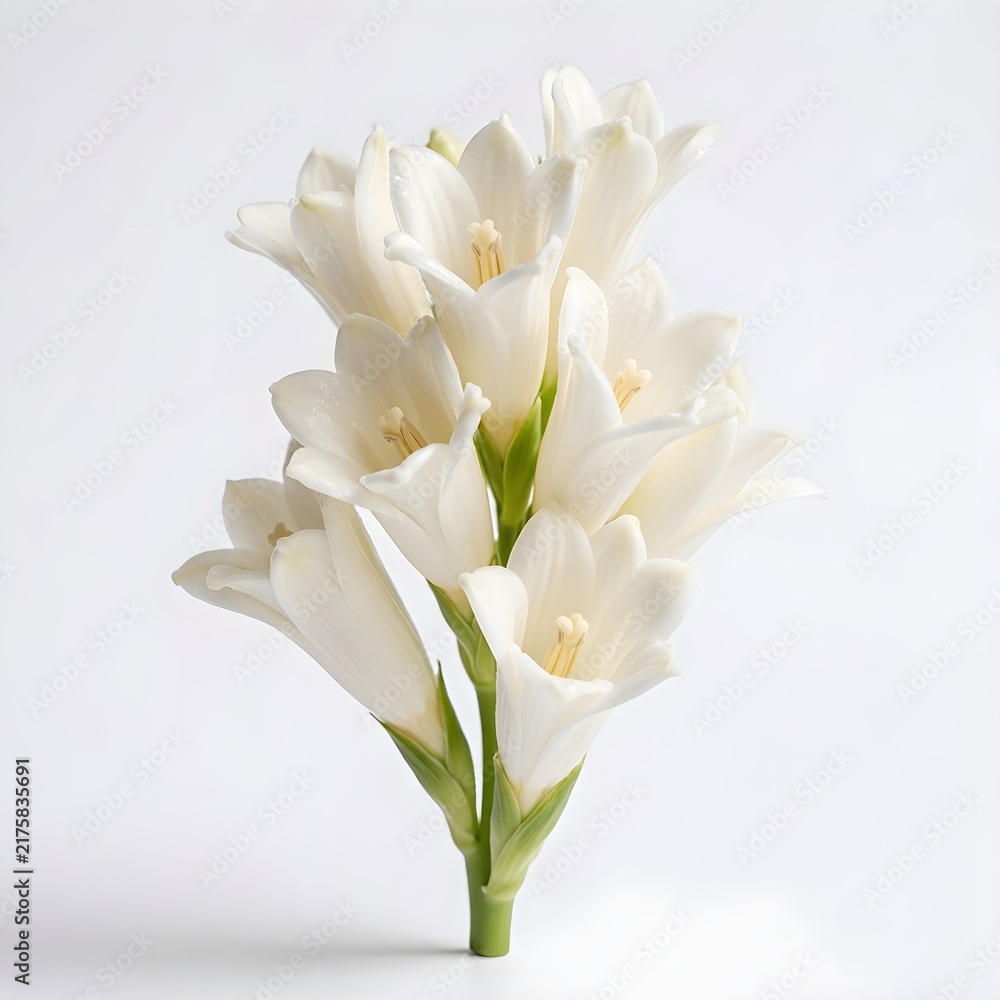 Fototapeta premium Delicate White Tuberose Polianthes Tuberosa Flowers Branch Isolated on White Background