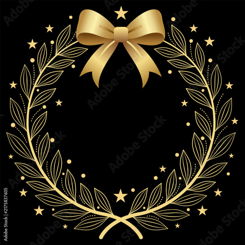 Golden wreath illustration featuring a large satin bow at the top, surrounded by delicate leafy branches, scattered stars, and decorative dots, against a black background.