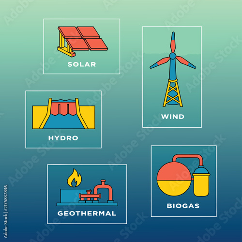 Renewable energy sources infographic set with solar wind hydro geothermal and biomass icons