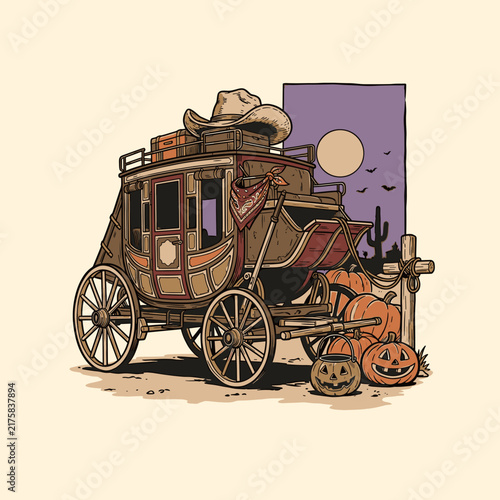 Foto Vintage Spooky Western Stagecoach with Halloween Jack-o-lanterns and Cowboy Hat in Desert, Retro Vector Illustration for T-shirt Design and Branding