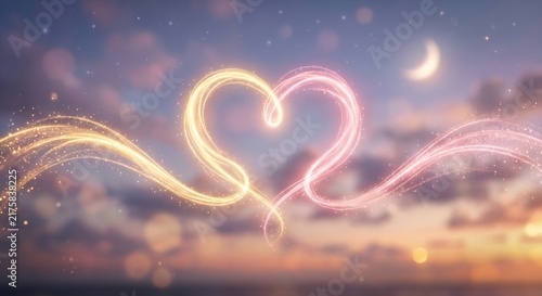 two abstract luminous neon stripes intertwining into a perfect heart shape, floating against soft clouds beneath a glowing moon. Generative AI