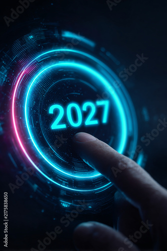 Hand press 2027 digital button, business growth 2027 concept generated.AI