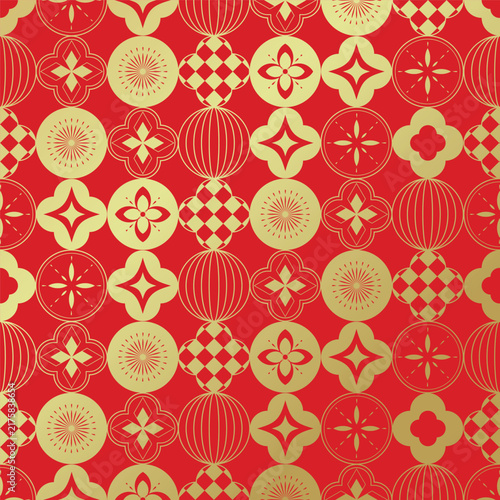 Chinese New Year seamless pattern vector with traditional lantern shapes, coin symbols, floral ornaments and geometric motifs in red and gold.