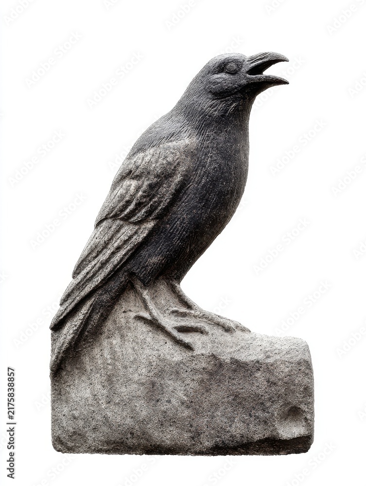 Obraz premium Stone Raven Statue Isolated On White Background With Detailed Texture And Open Beak