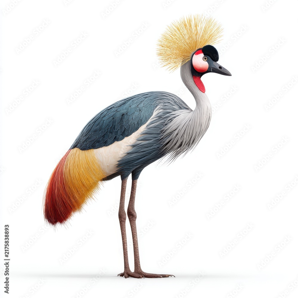 Obraz premium Stunning Grey Crowned Crane With Golden Crested Feathers Isolated On A Pure White Background
