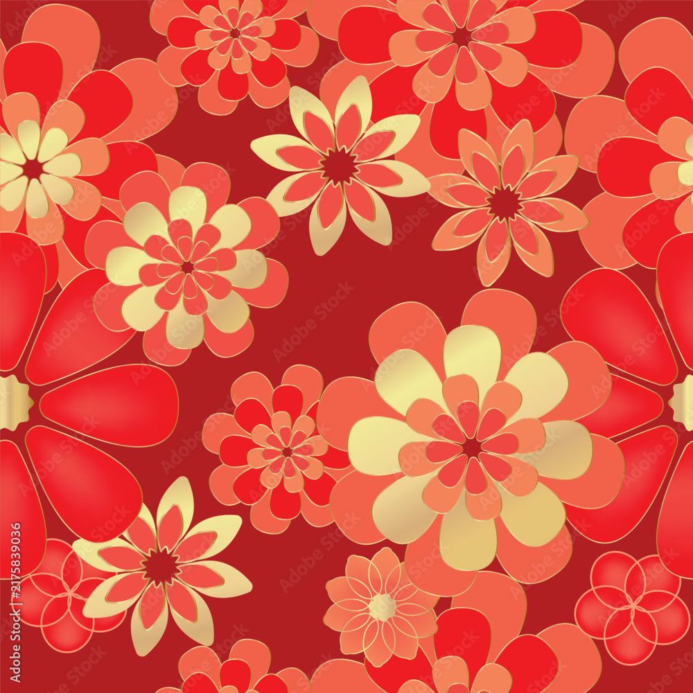 Obraz premium Chinese New Year floral pattern vector with layered red, orange and cream flowers on dark red background for festive decoration, wrapping and packaging.