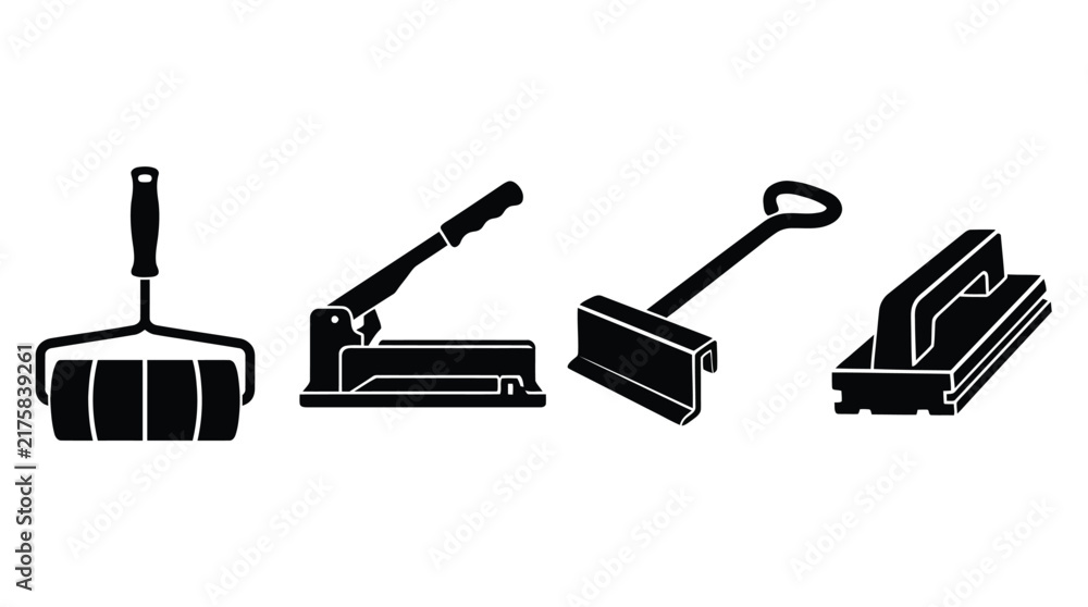 Fototapeta premium Paint roller stapler floor scraper and sander silhouettes on a white background