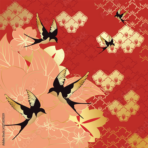 Chinese New Year floral pattern vector with elegant swallow birds, peach blossoms and traditional Asian ornaments on red background.