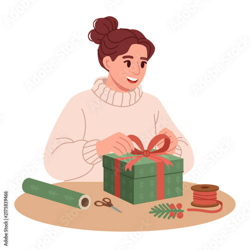 Young woman wrapping a Christmas gift with ribbon and festive decorations. Flat Vector Illustration.