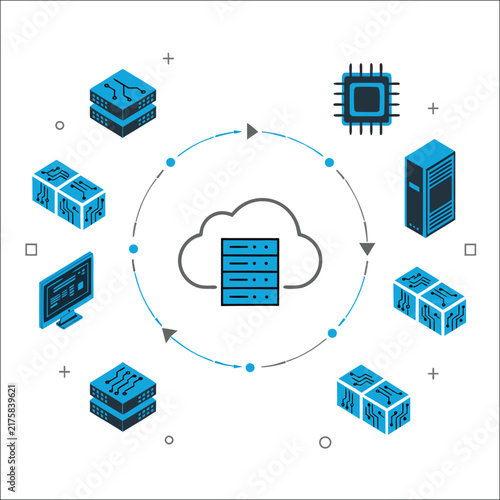 Circular cloud computing infographic diagram with network connectivity icons and data flow.