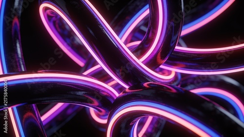 Abstract dark intertwined glossy 3D ribbons form an elegant flowing structure, illuminated by vivid pink, purple, and blue neon paths, creating a futuristic atmosphere with depth, energy, and movement