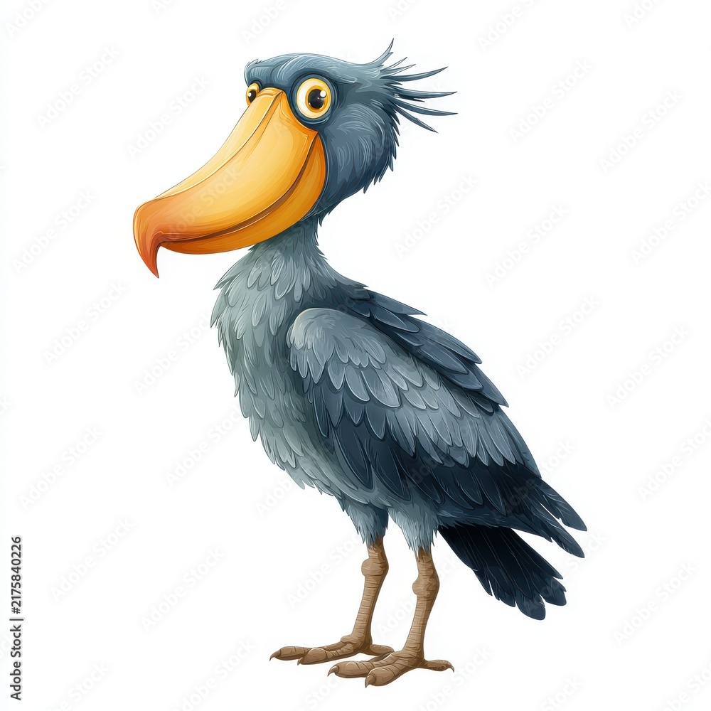 Obraz premium Cartoon Illustration Of A Shoebill Stork With Grey Feathers And A Large Yellow Beak On White Back