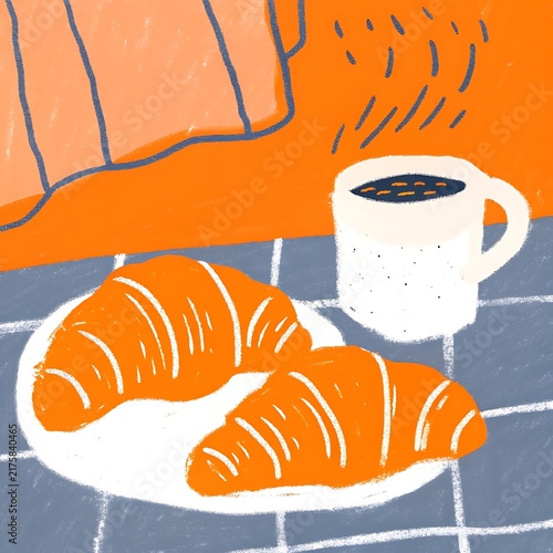 Hand Drawn Illustration Featuring Two Buttery Croissants on a Plate and a Steaming Cup of Coffee on a Grid Table