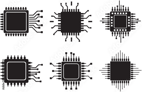Six dark microchip processor icons with varied circuit pin layouts, isolated on black background for technology design concepts