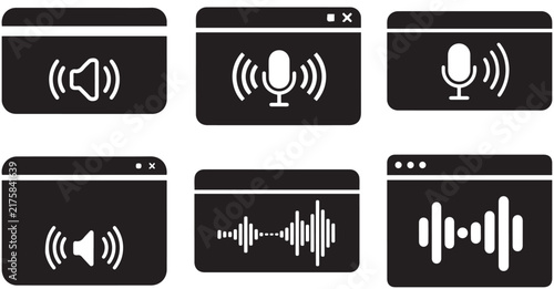 Audio interface icon collection with speaker, microphone, and waveform symbols in dark browser window frames for sound control and communication