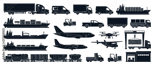 Modern Transportation Vehicle Silhouettes Collection for Logistics and Delivery