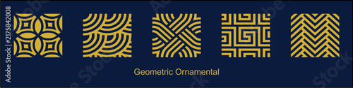 Gold geometric seamless patterns set on dark blue background, luxury oriental linear ornament vector illustration
