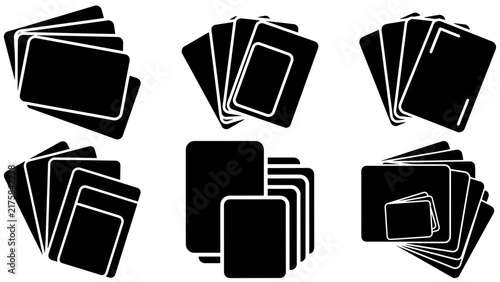 Dark card deck icon variations with fanned stacked rectangles, minimalist playing card and template symbol isolated on transparent background