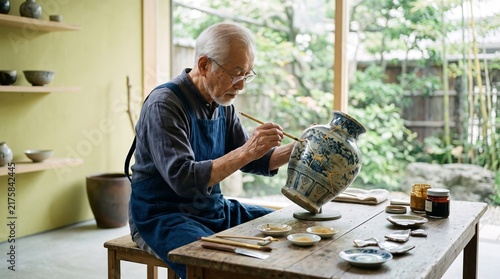 Senior Japanese artisan restoring a broken ceramic vase using kintsugi technique in his workshop