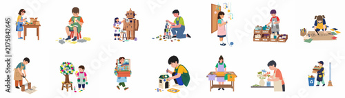 Flat vector illustrations of children engaged in various creative hobbies, DIY projects, and helpful household chores for skill development and learning.