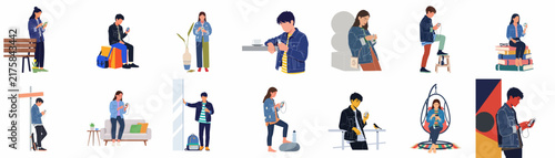 Set of diverse people in casual denim outfits using smartphones and gadgets in various everyday life situations, flat vector illustration on white background.