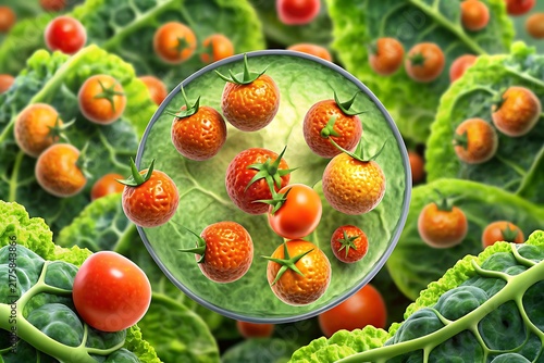 Magnifying glass focusing on red tomatoes and textured fruit on green cabbage leaves