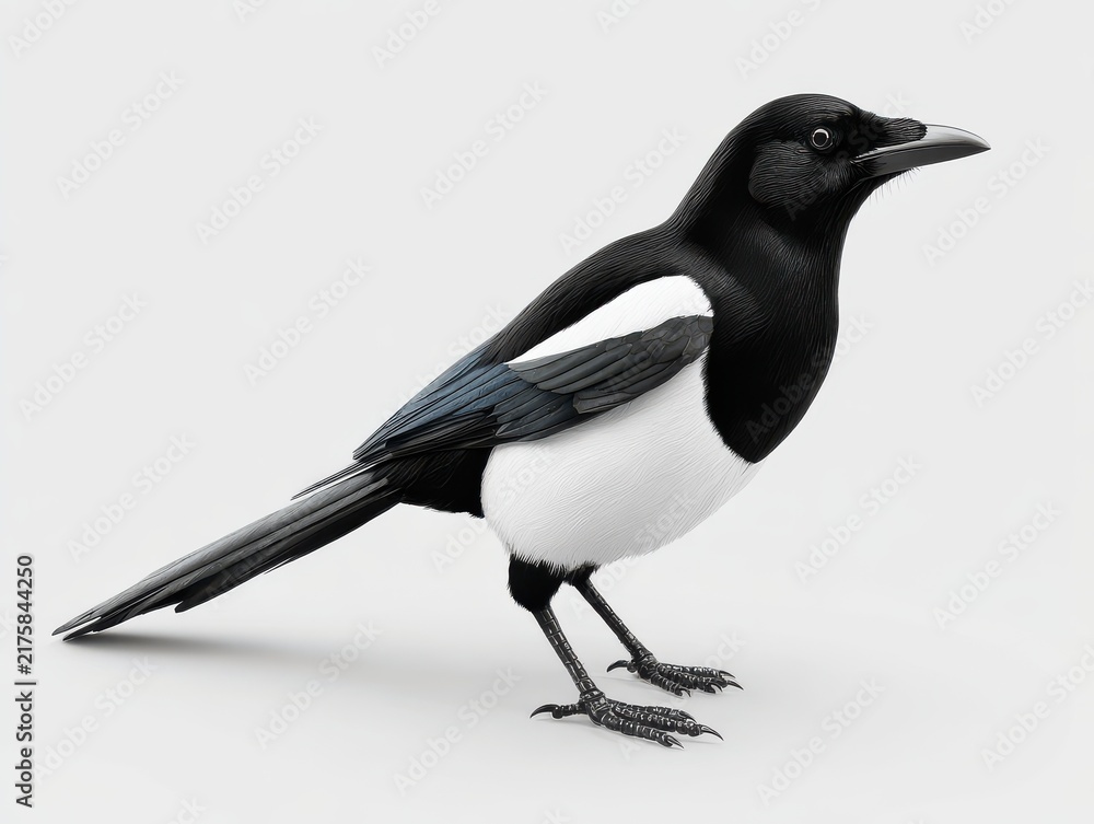 Fototapeta premium A Standing Common Magpie With Black And White Feathers Isolated On A Clean Light Gray Background