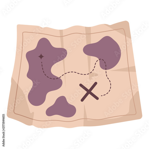 Vector Treasure Map Illustration, Old Pirate Parchment with Islands and X Marks the Spot, Vintage Game UI Asset for Adventure Quest, Kids Birthday Party, Flat Icon