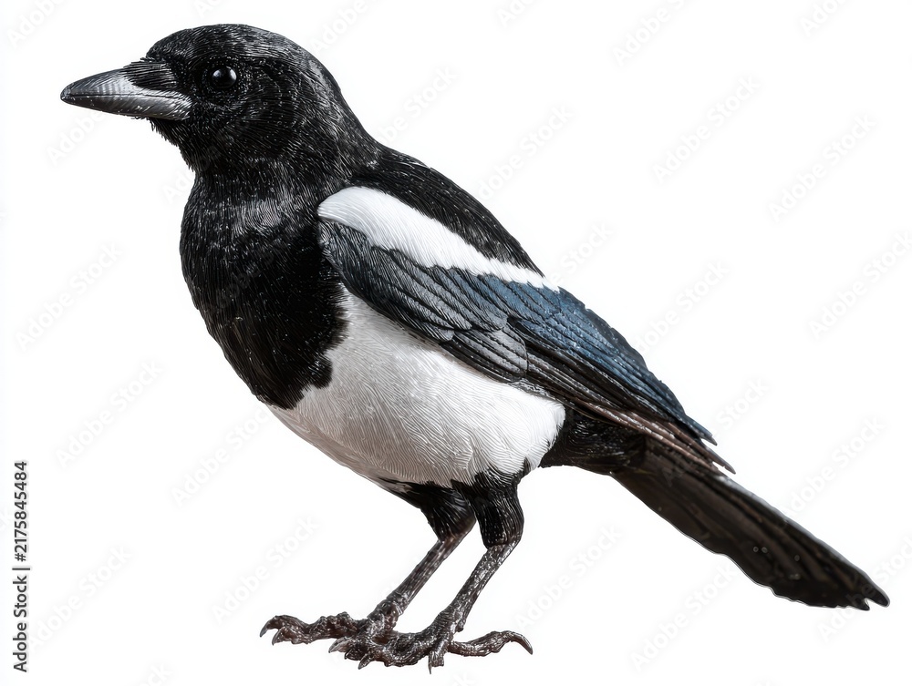 Obraz premium Black And White Eurasian Magpie Standing On Plain White Background With Detailed Plumage Texture