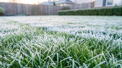 The first frost on a green backyard lawn at sunrise, grass blades covered with delicate white ice crystals in a residential garden, concept of transition from autumn to winter on a cold morning.