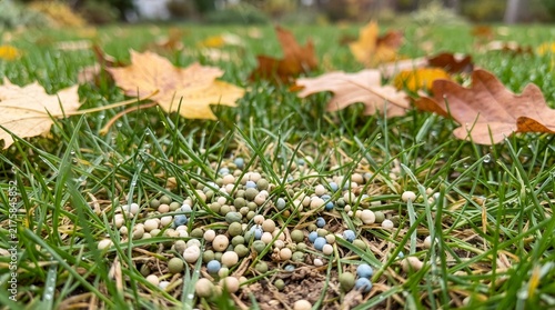 Colorful granular fertilizer scattered on a green autumn lawn with fallen maple and oak leaves, close-up of mineral pellets among grass blades, concept of fall lawn feeding and garden care.