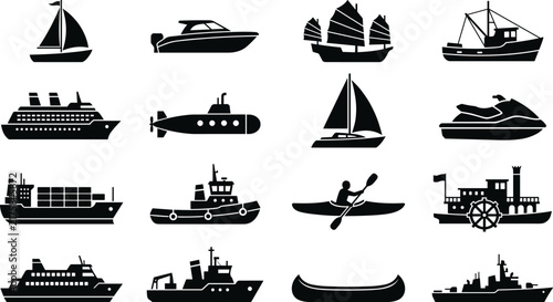 Boat and Ship Silhouette Collection Featuring Sailboats Yachts Ferries Cargo and Military Vessels