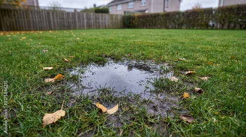A puddle on a green backyard lawn with scattered fallen leaves after autumn rain, waterlogged grass in a residential garden, concept of poor drainage and standing water problem in the yard.